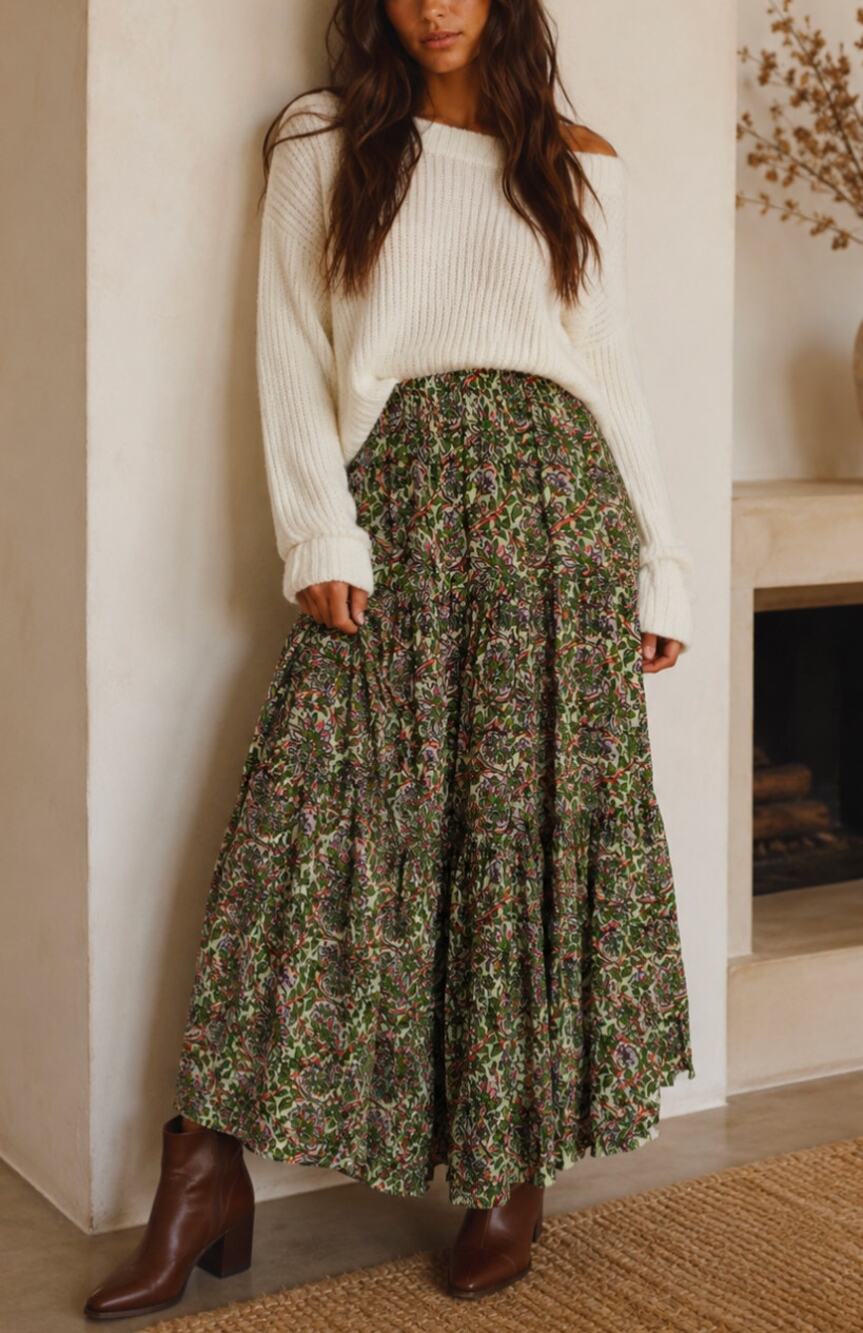 Zara Green Floral Tiered Peasant Maxi Skirt Boho Cottagecore